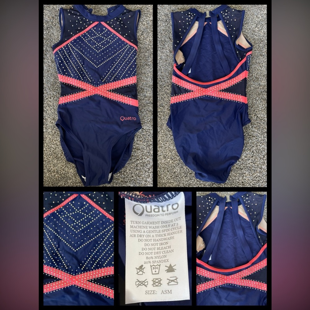 Adult Small (34”) Quatro Rhinestones Navy with Coral accent Strappy Open Back